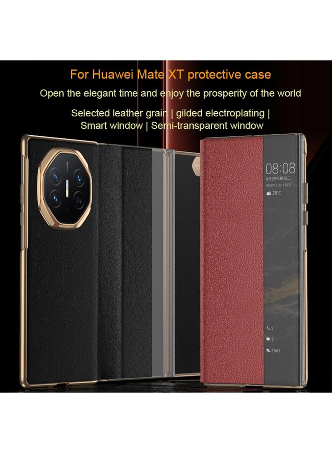 اس-توب جراب هاتف Huawei Mate XT Ultimate Smart Side View من الجلد العادي مع نافذة عرض جانبية - Image 3