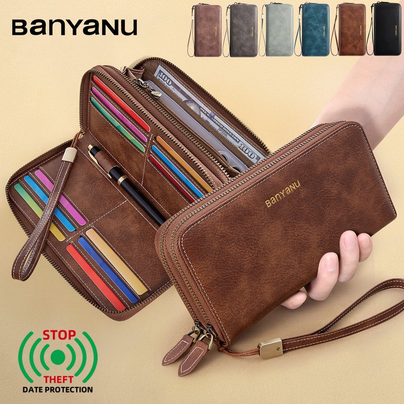 banyanu Women's Long Wallet/Clutch, Large Size, Business Handbag, Phone Card Holder, Double Zipper, Large Capacity, Multiple Card Slots (Rouge Pink) - Image 2