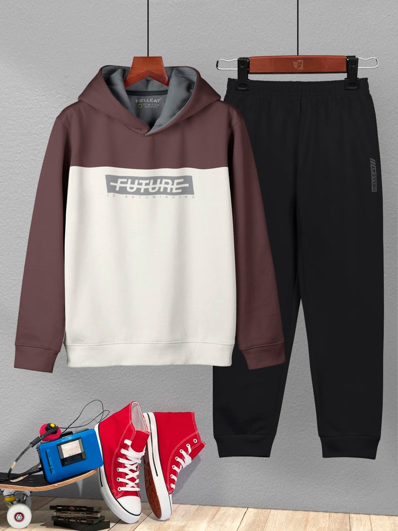 HELLCAT Printed Cotton Blend Full Sleeve Hoodie T-Shirt Jogger Trackpant Clothing Set for Boys Brown/Black 9-10 Years - Image 2