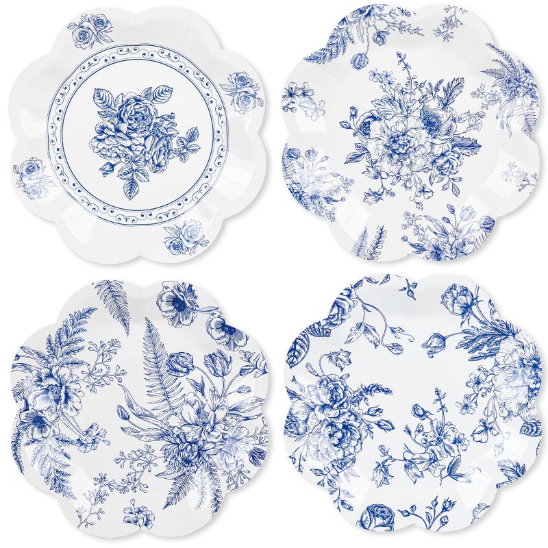 Purhapfre 80Pcs Blue Floral Paper Plates Blue and White Floral Plates Disposable Blue Flower Scalloped Decorative Plate Bridal Dessert Chinoiserie Vintage Plate for Wedding Bridal Tea Party Supplies,7 Inch - Image 1