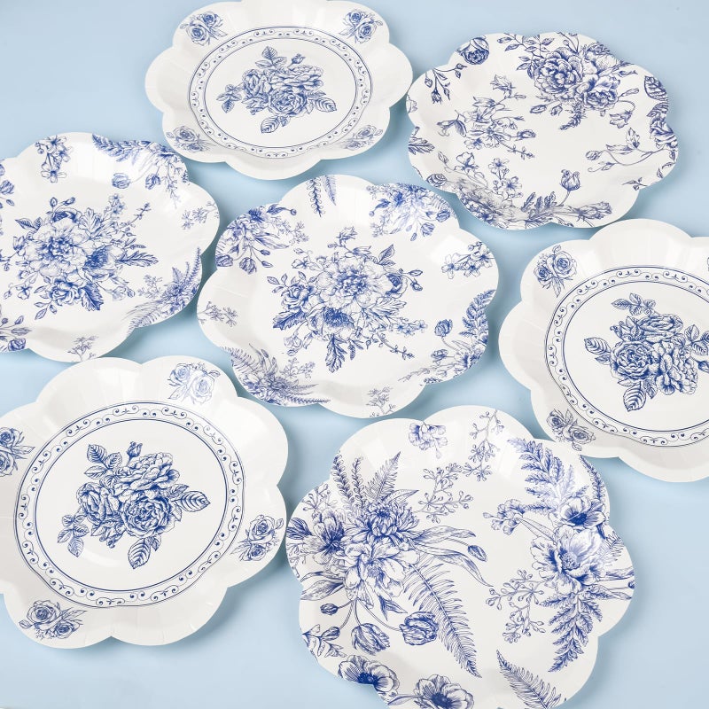 Purhapfre 80Pcs Blue Floral Paper Plates Blue and White Floral Plates Disposable Blue Flower Scalloped Decorative Plate Bridal Dessert Chinoiserie Vintage Plate for Wedding Bridal Tea Party Supplies,7 Inch - Image 2