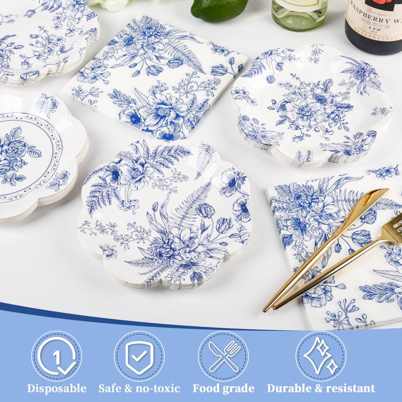 Purhapfre 80Pcs Blue Floral Paper Plates Blue and White Floral Plates Disposable Blue Flower Scalloped Decorative Plate Bridal Dessert Chinoiserie Vintage Plate for Wedding Bridal Tea Party Supplies,7 Inch - Image 5