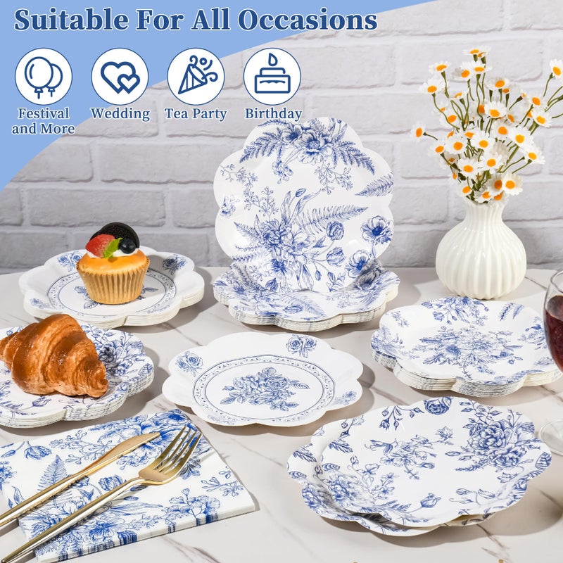Purhapfre 80Pcs Blue Floral Paper Plates Blue and White Floral Plates Disposable Blue Flower Scalloped Decorative Plate Bridal Dessert Chinoiserie Vintage Plate for Wedding Bridal Tea Party Supplies,7 Inch - Image 4