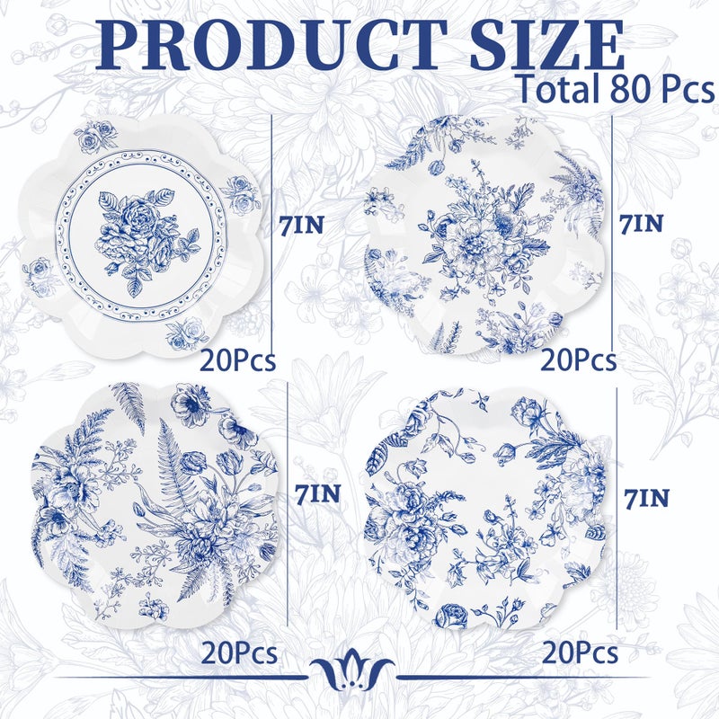 Purhapfre 80Pcs Blue Floral Paper Plates Blue and White Floral Plates Disposable Blue Flower Scalloped Decorative Plate Bridal Dessert Chinoiserie Vintage Plate for Wedding Bridal Tea Party Supplies,7 Inch - Image 3