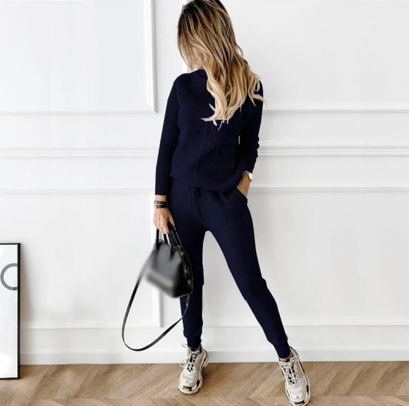 Women's High Neck Sweater and Pants Set Casual Knitwear Two Piece - Image 1