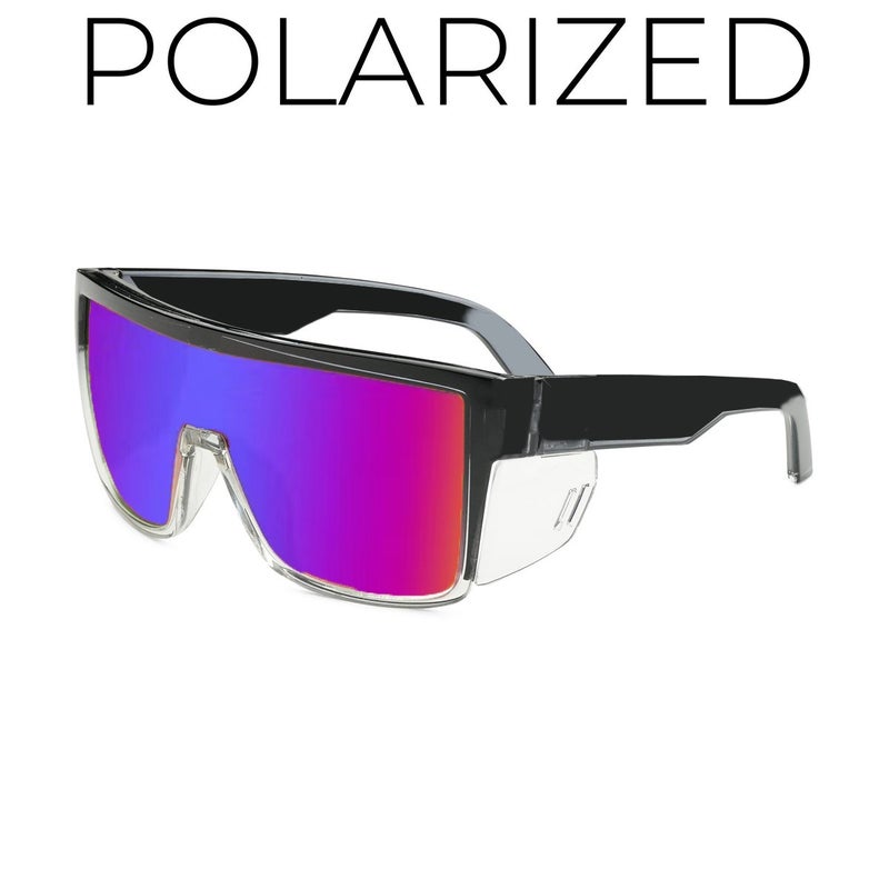 Leba Polarized Sports Sunglasses UV400 for Men & Women, Full-Frame Windproof Cycling Driving Glasses with Grey TAC Lenses, Black PC Frame - Black Clear Frame Purple-Orange Polarized