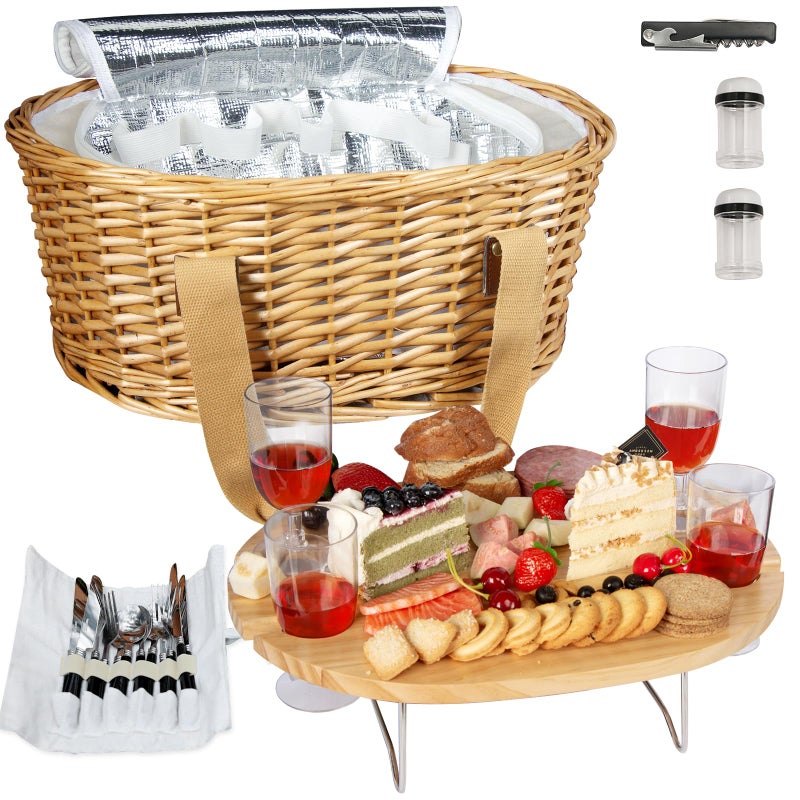 Hap Tim Wicker Picnic Basket Set for 4 with Mini Folding Wine Picnic Table Large Insulated Cooler Bag Cutlery Service Kits for 4 Person Couples Gifts Wedding Gifts Y22094CM - Image 2