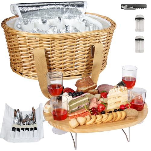 Hap Tim Wicker Picnic Basket Set for 4 with Mini Folding Wine Picnic Table Large Insulated Cooler Bag Cutlery Service Kits for 4 Person Couples Gifts Wedding Gifts Y22094CM - Image 1