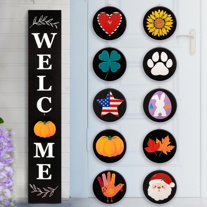 Perfnique Welcome sign for front porch standing 47 x 79 Inch Wooden Leaner Sign with 10 Interchangeable Designed Icons Seasonal Decor for Spring Easter Fall ChristmasBlack