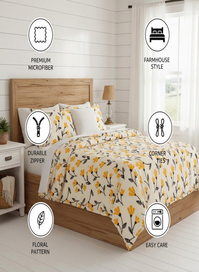 DaDa Bedding Yellow Fleur Floral Duvet Cover Set Golden Orange Tulips Bright Vibrant Botanical Garden Flowers Ivory Beige Tan Comforter Cover w/Corner Ties Zipper Pillow Cases (Queen) [Upgraded] - Image 2