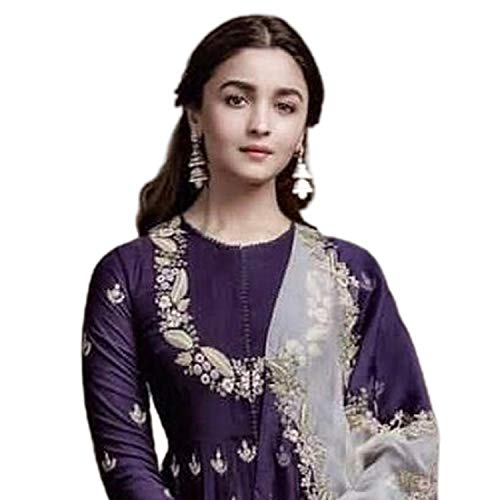 Miss Ethnik فستان ميس إيثنيك النسائي باللون الأرجواني من الجورجيت الصناعي مع الجزء السفلي من السانتون غير المخيط ووشاح الجورجيت الصناعي المطرز (ME-1-977) - Image 2