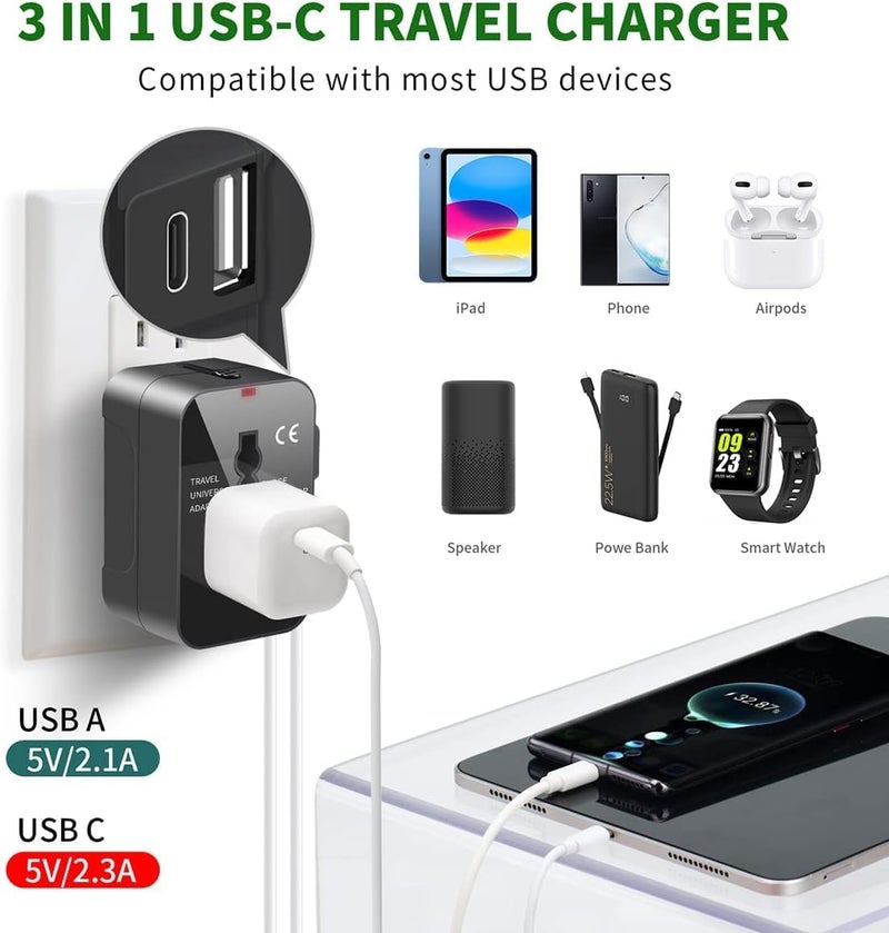 NVV Black Universal Travel Adapter - 3 in 1 Worldwide Travel Adapter with Type C & USB A Charging Ports - AC Wall Plug Charger for USA, EU, UK, AUS Plugs - Image 4