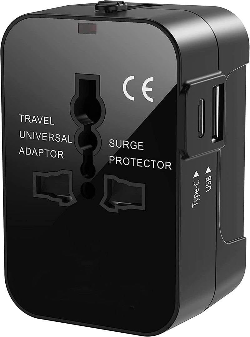 NVV Black Universal Travel Adapter - 3 in 1 Worldwide Travel Adapter with Type C & USB A Charging Ports - AC Wall Plug Charger for USA, EU, UK, AUS Plugs - Image 1