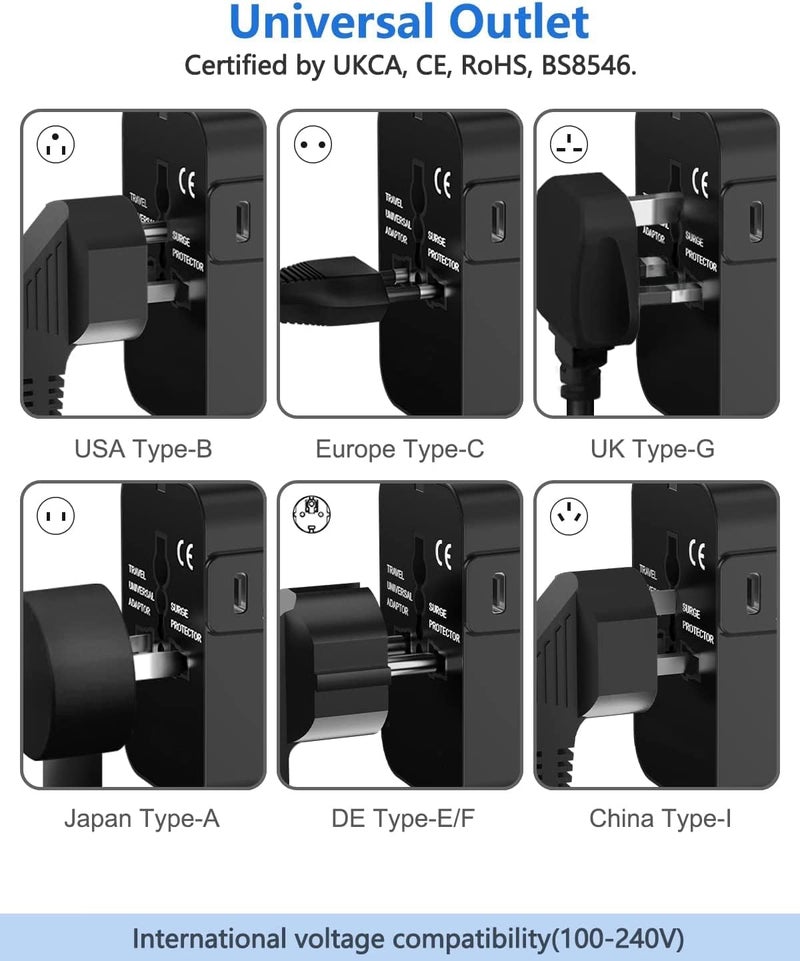 NVV Black Universal Travel Adapter - 3 in 1 Worldwide Travel Adapter with Type C & USB A Charging Ports - AC Wall Plug Charger for USA, EU, UK, AUS Plugs - Image 2