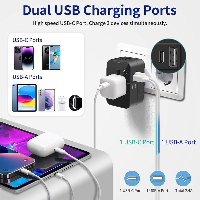 NVV Black Universal Travel Adapter - 3 in 1 Worldwide Travel Adapter with Type C & USB A Charging Ports - AC Wall Plug Charger for USA, EU, UK, AUS Plugs - Image 3