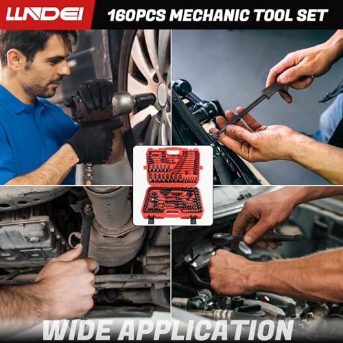 LLNDEI 160-Piece Mechanics Tool Set, Metric Socket Set 1/2 1/4 3/8 inch Drive Professional Tool Kit, CR-V Deep & Shallow Kit with Quick Release Ratchet - Image 5