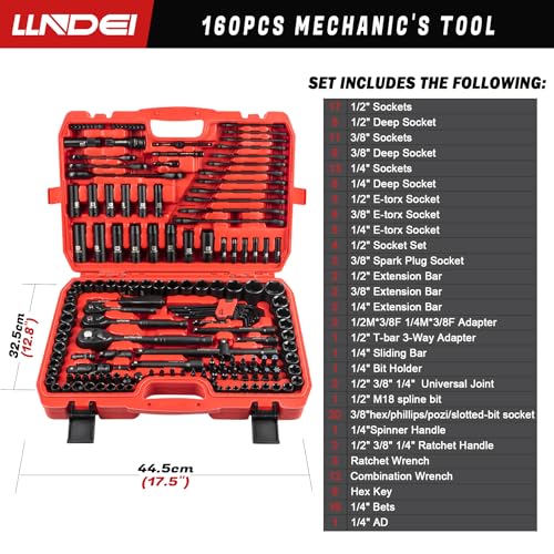 LLNDEI 160-Piece Mechanics Tool Set, Metric Socket Set 1/2 1/4 3/8 inch Drive Professional Tool Kit, CR-V Deep & Shallow Kit with Quick Release Ratchet - Image 2