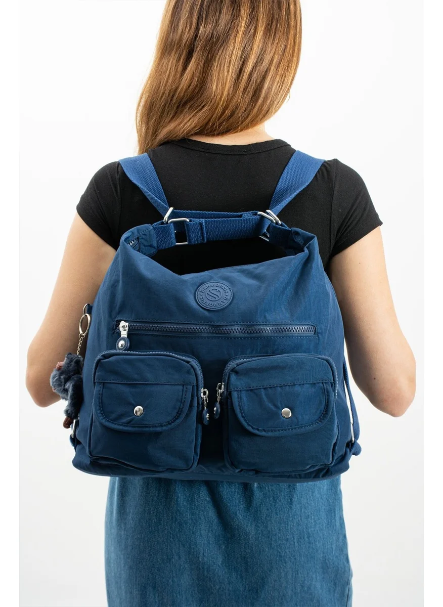 Sanmorris Women's Crinkle Fabric Water Resistant Navy Blue Color Shoulder and Backpack Bag