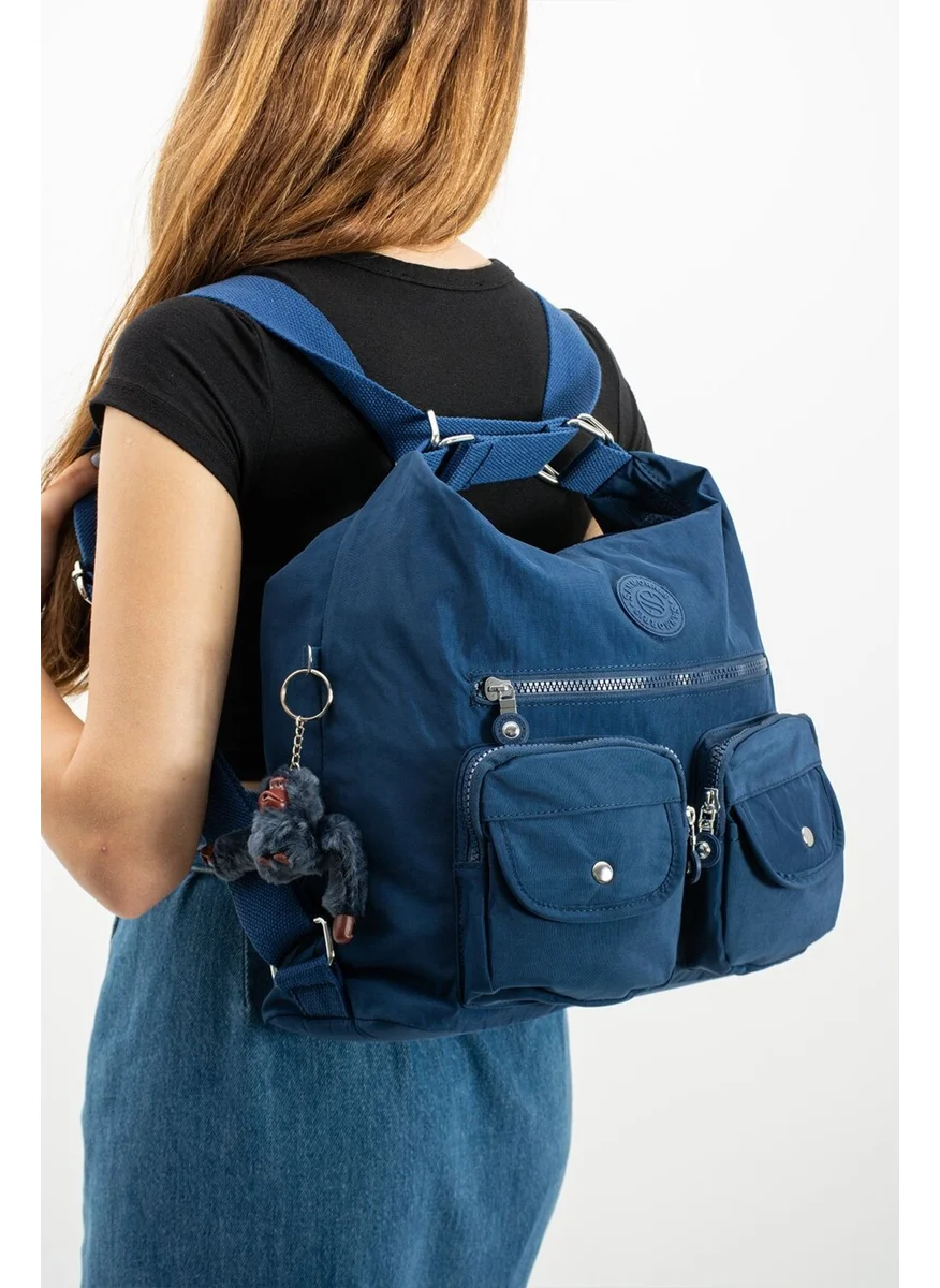 Sanmorris Women's Crinkle Fabric Water Resistant Navy Blue Color Shoulder and Backpack Bag
