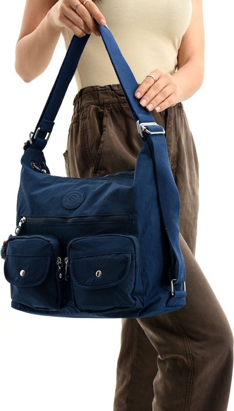 Sanmorris Women's Crinkle Fabric Water Resistant Navy Blue Color Shoulder and Backpack Bag - Image 3