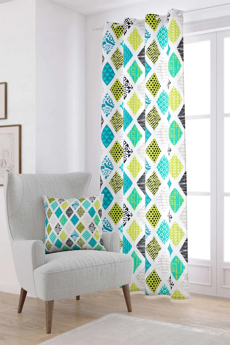 Cango Home Blue Green Modern Geometric Patterned Digital Printed Curtain CGH065-PR
