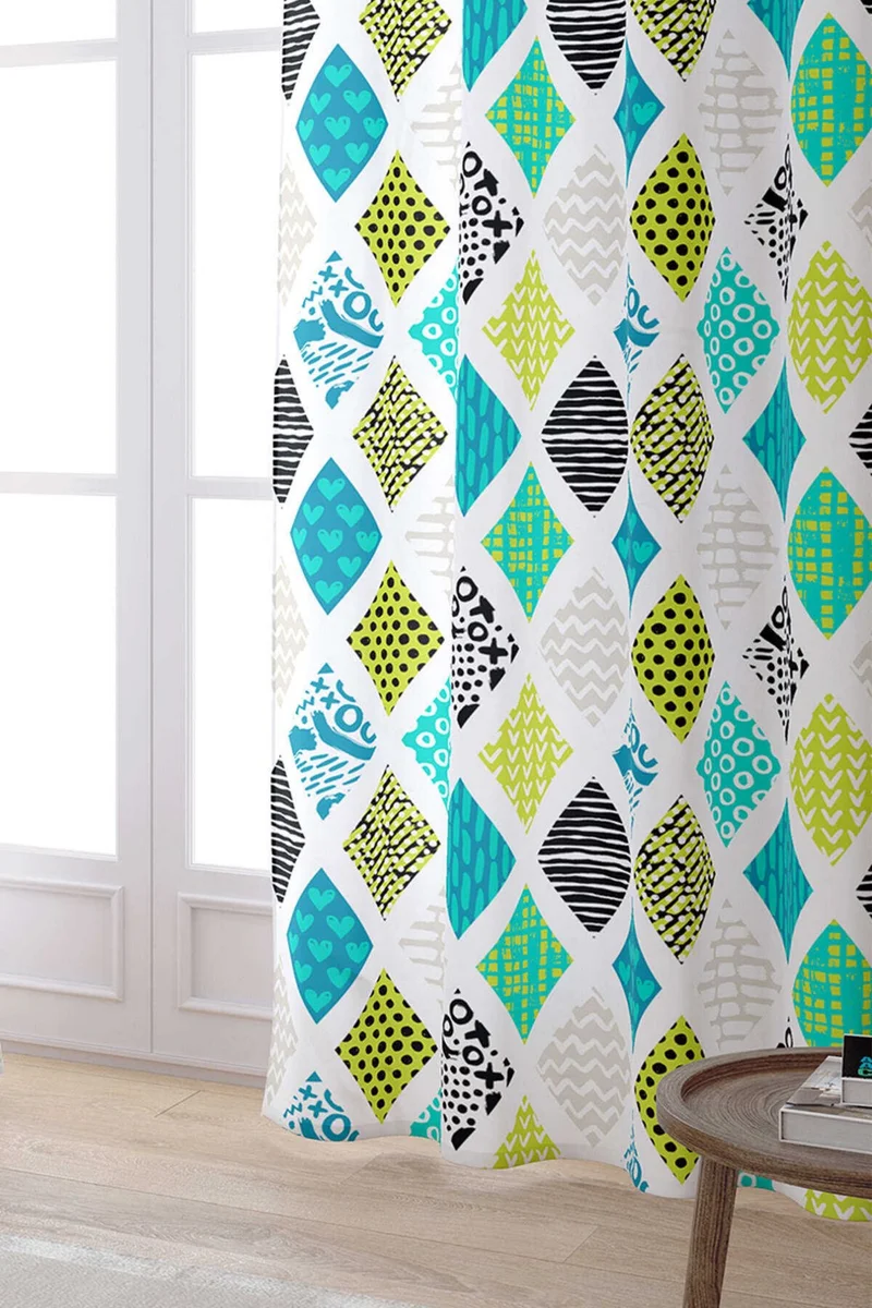 Cango Home Blue Green Modern Geometric Patterned Digital Printed Curtain CGH065-PR