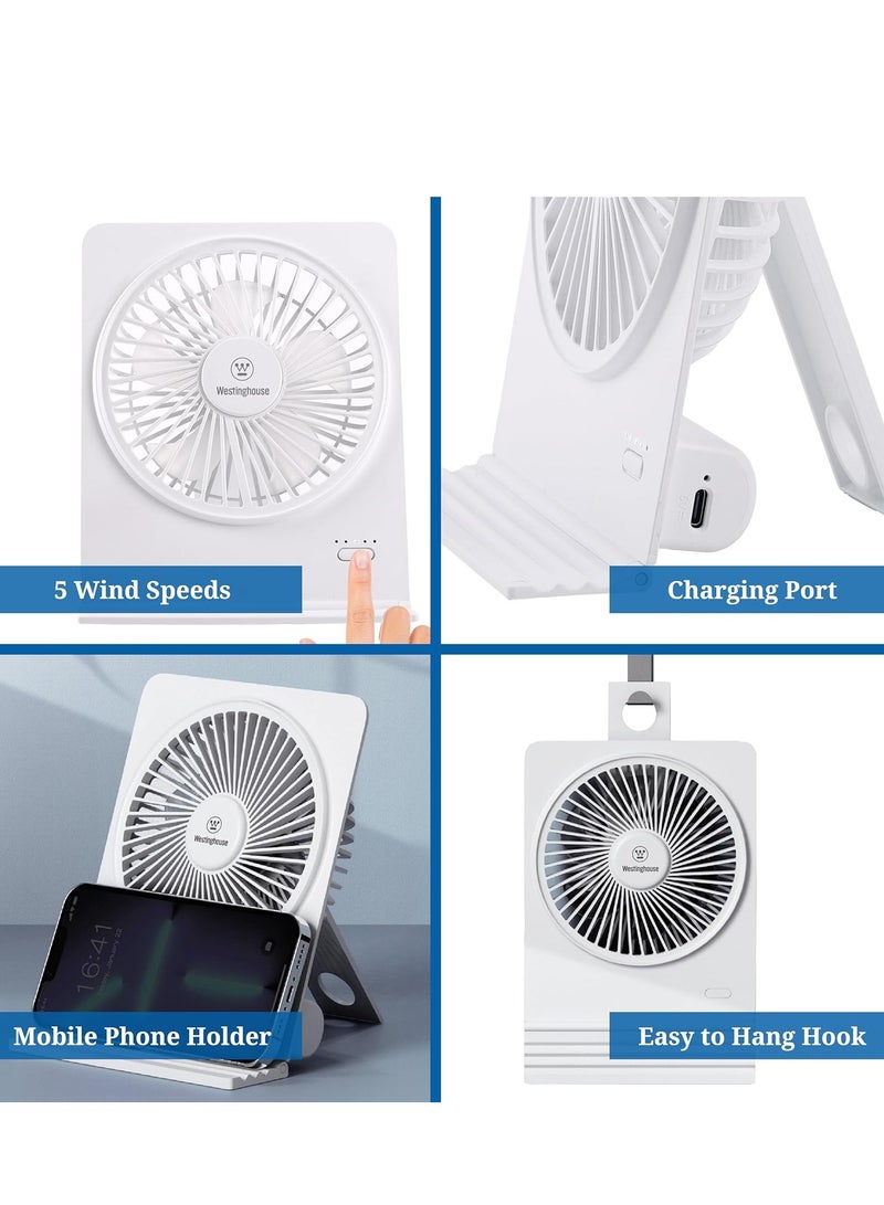 Westinghouse مروحة مكتبية قابلة لإعادة الشحن - 5 إعدادات سرعة - مروحة مكتبية تعمل بالبطارية القابلة لإعادة الشحن، قاعدة قابلة للتعديل، تدفق هواء هادئ، تصميم مدمج مناسب للسفر، شحن USB - أبيض - Image 3