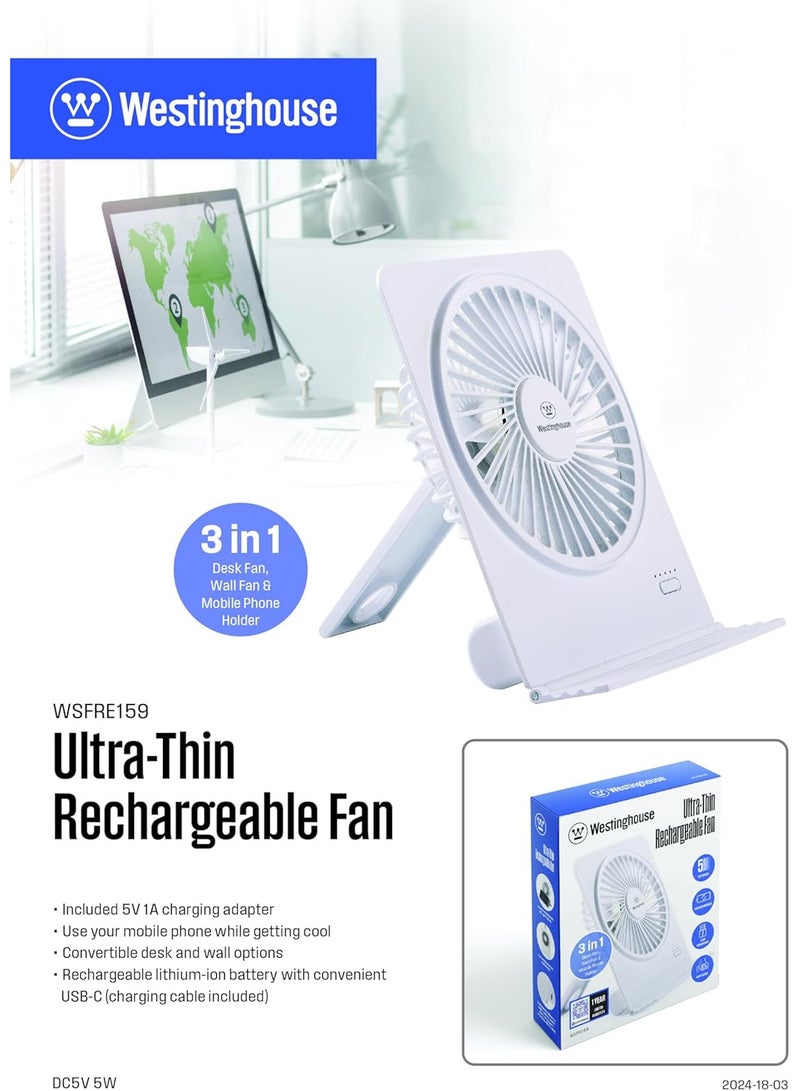 Westinghouse مروحة مكتبية قابلة لإعادة الشحن - 5 إعدادات سرعة - مروحة مكتبية تعمل بالبطارية القابلة لإعادة الشحن، قاعدة قابلة للتعديل، تدفق هواء هادئ، تصميم مدمج مناسب للسفر، شحن USB - أبيض - Image 5