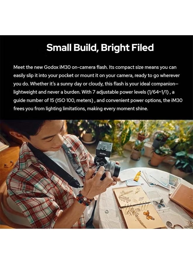 Godox iM30 Camera Flash, Mini Speedlite, GN15 with 13-level flash power, CCT 6500K±200K with S1/S2 optical control - Image 3