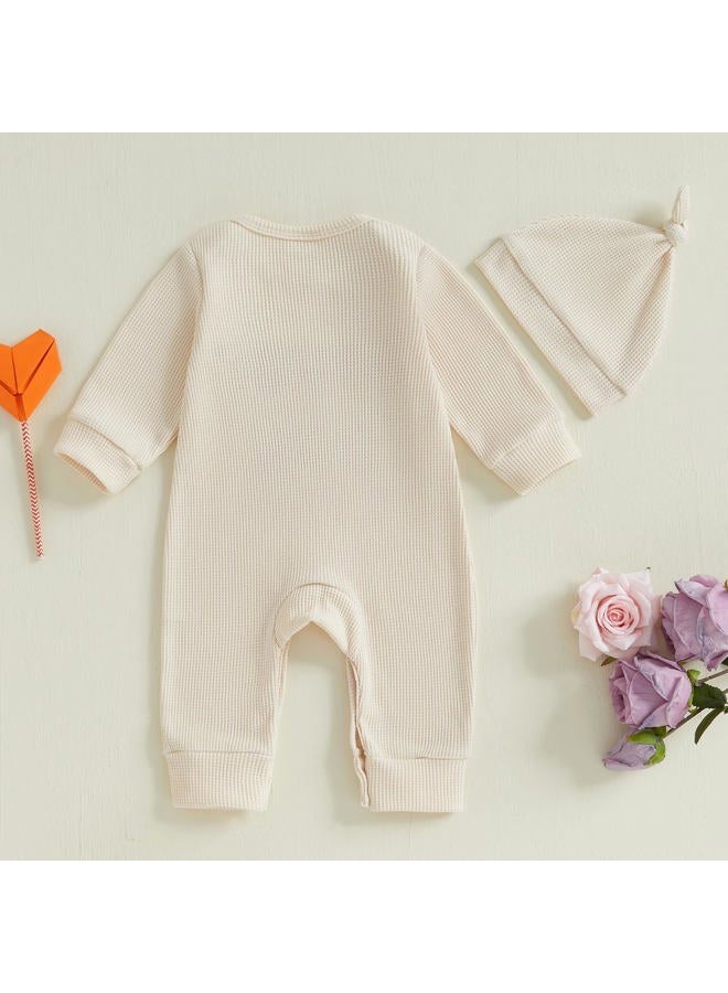 Lesimsam Newborn Infant Baby Boy Valentines Day Outfit Lover Boy Embroidery Long Sleeve Waffle Knit Romper Jumpsuit with Hat (Apricot, 3-6 Months) - Image 3