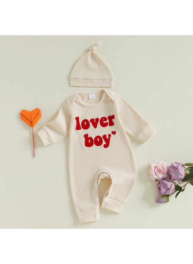 Lesimsam Newborn Infant Baby Boy Valentines Day Outfit Lover Boy Embroidery Long Sleeve Waffle Knit Romper Jumpsuit with Hat (Apricot, 3-6 Months) - Image 4