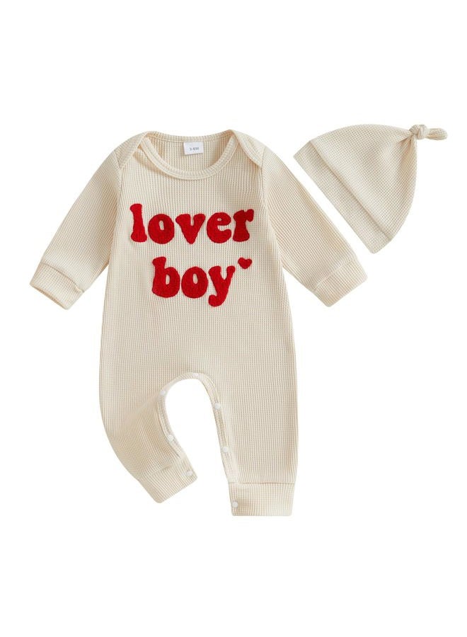 Lesimsam Newborn Infant Baby Boy Valentines Day Outfit Lover Boy Embroidery Long Sleeve Waffle Knit Romper Jumpsuit with Hat (Apricot, 3-6 Months) - Image 1