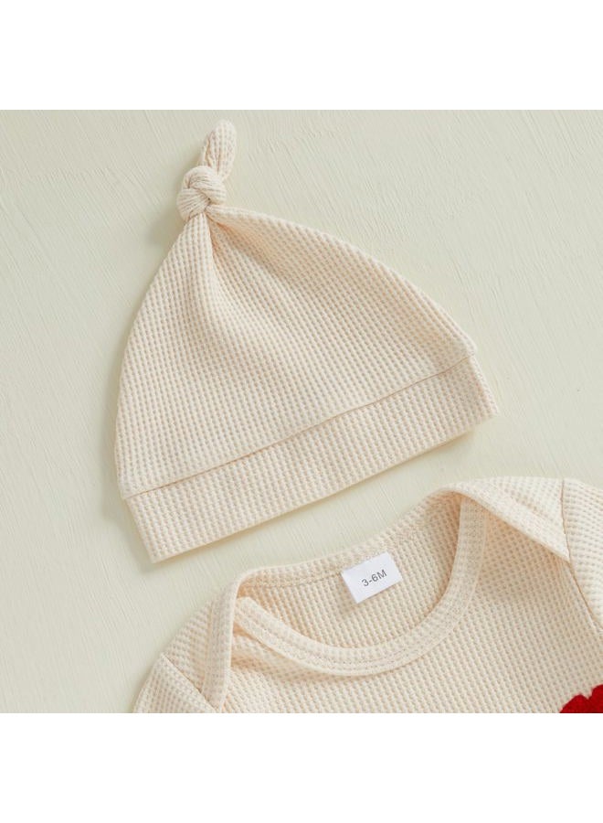 Lesimsam Newborn Infant Baby Boy Valentines Day Outfit Lover Boy Embroidery Long Sleeve Waffle Knit Romper Jumpsuit with Hat (Apricot, 3-6 Months) - Image 5