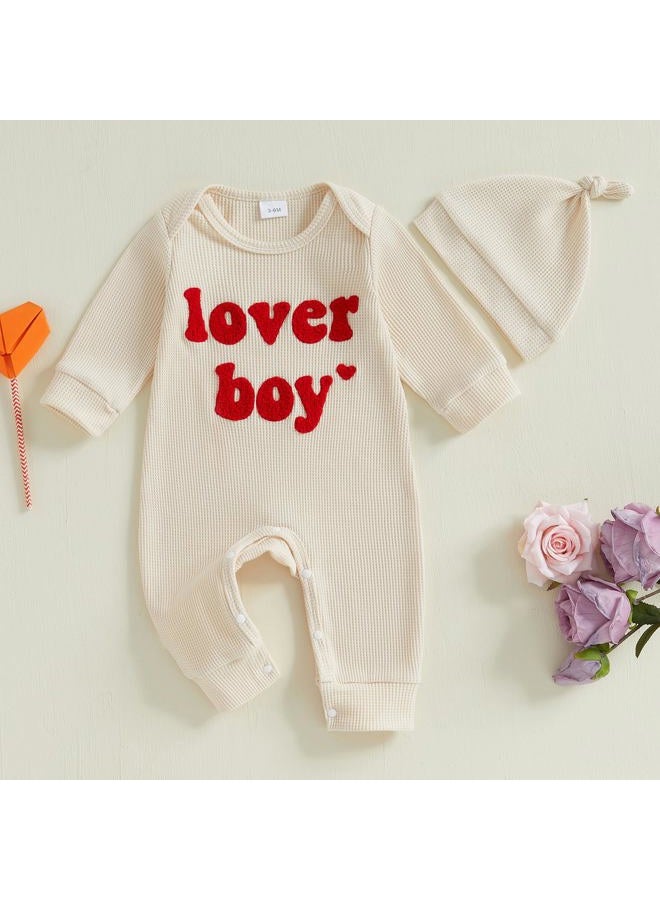 Lesimsam Newborn Infant Baby Boy Valentines Day Outfit Lover Boy Embroidery Long Sleeve Waffle Knit Romper Jumpsuit with Hat (Apricot, 3-6 Months) - Image 2
