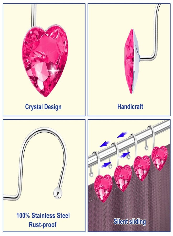 Yapicoco Shower Curtain Hooks Rings for Bathroom, 12PCS Heart Stainless Steel Rust Resistant Decorative Rhinestones Shower Curtain Rings Hangers for Shower Curtains (Single Hook Hot Pink) - Image 3