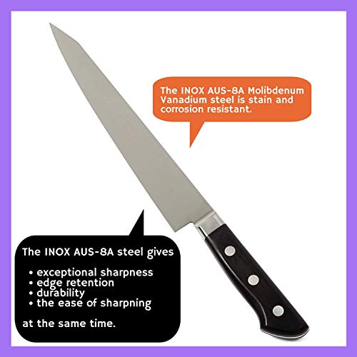 Syosaku Japanese Sujihiki Knife INOX AUS-8A Stainless Steel Black Pakkawood Handle, Slicer 9.5-inch (240mm) - Image 4