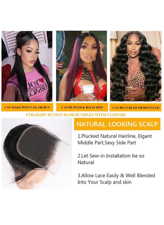 QTHAIR - 16A Grade Brazilian Straight Human Hair Bundles with Closure(14" 14" 16"+12"Free Part Lace Closure,Natural Black) 100% Unprocessed Brazilian Virgin Hair Extensions for All Women - Image 1
