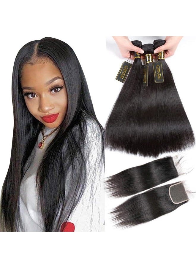 QTHAIR - 16A Grade Brazilian Straight Human Hair Bundles with Closure(14" 14" 16"+12"Free Part Lace Closure,Natural Black) 100% Unprocessed Brazilian Virgin Hair Extensions for All Women - Image 1
