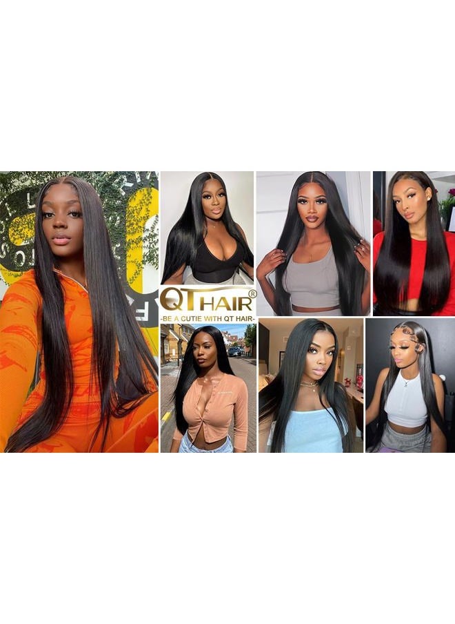 QTHAIR - 16A Grade Brazilian Straight Human Hair Bundles with Closure(14" 14" 16"+12"Free Part Lace Closure,Natural Black) 100% Unprocessed Brazilian Virgin Hair Extensions for All Women - Image 1