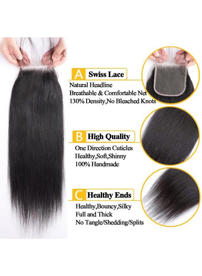 QTHAIR - 16A Grade Brazilian Straight Human Hair Bundles with Closure(14" 14" 16"+12"Free Part Lace Closure,Natural Black) 100% Unprocessed Brazilian Virgin Hair Extensions for All Women - Image 1