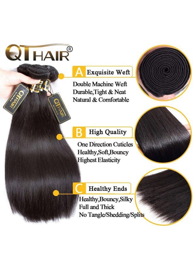 QTHAIR - 16A Grade Brazilian Straight Human Hair Bundles with Closure(14" 14" 16"+12"Free Part Lace Closure,Natural Black) 100% Unprocessed Brazilian Virgin Hair Extensions for All Women - Image 1