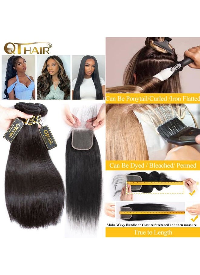 QTHAIR - 16A Grade Brazilian Straight Human Hair Bundles with Closure(14" 14" 16"+12"Free Part Lace Closure,Natural Black) 100% Unprocessed Brazilian Virgin Hair Extensions for All Women - Image 1