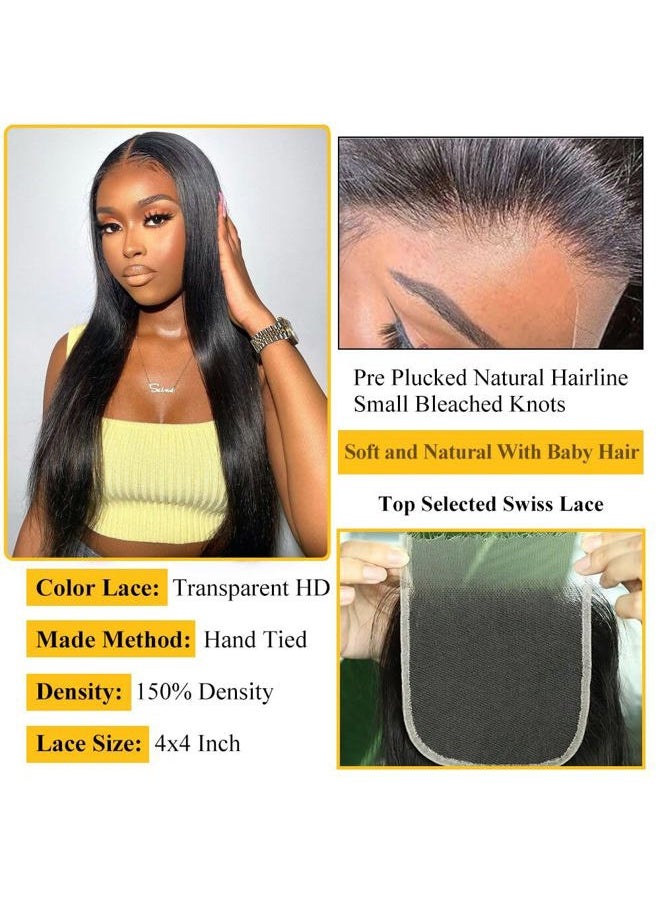 QTHAIR - 16A Grade Brazilian Straight Human Hair Bundles with Closure(14" 14" 16"+12"Free Part Lace Closure,Natural Black) 100% Unprocessed Brazilian Virgin Hair Extensions for All Women - Image 1