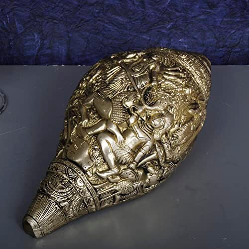ARTVARKO Brass Shankh with Durga Carving Wall/Door Hanging Maa Sherawali Conch Shell for Pooja Vastu Pooja Puja Mandir Office Table Decor - Image 1