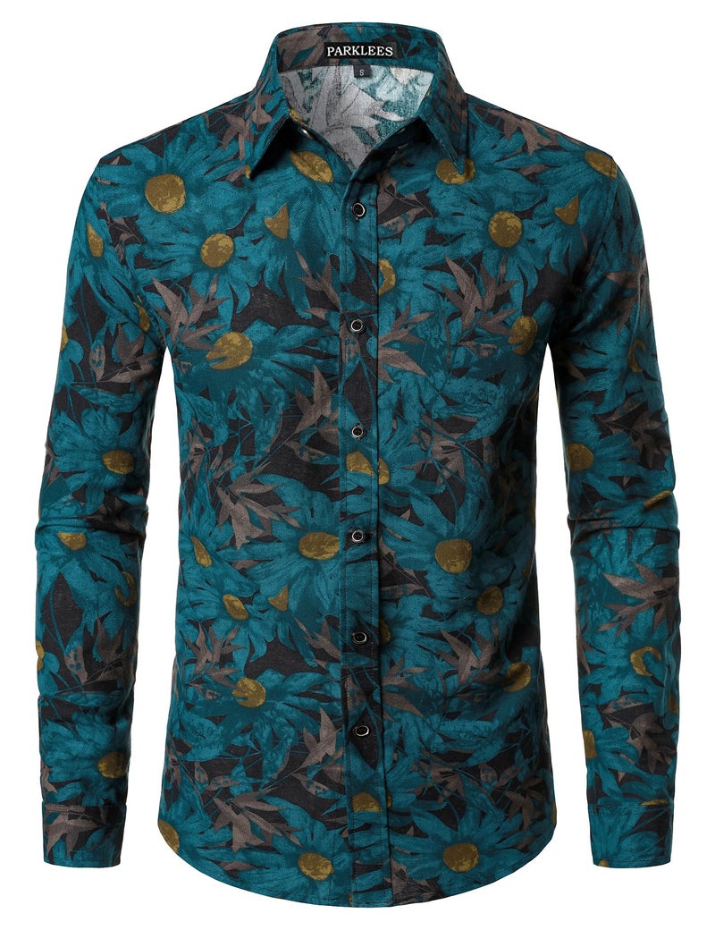 PARKLEES Men's 70s Hippie Long-Sleeve Floral Shirts Retro Pattern Printed Cotton Linen Button-Down Shirt Blue Flower Large - Image 1