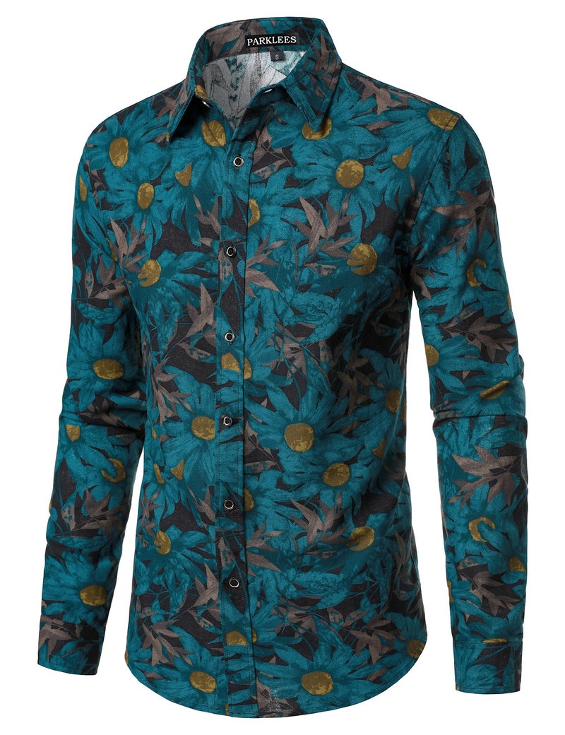 PARKLEES Men's 70s Hippie Long-Sleeve Floral Shirts Retro Pattern Printed Cotton Linen Button-Down Shirt Blue Flower Large - Image 3