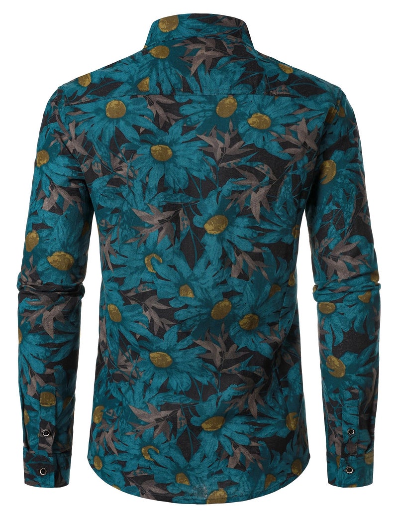 PARKLEES Men's 70s Hippie Long-Sleeve Floral Shirts Retro Pattern Printed Cotton Linen Button-Down Shirt Blue Flower Large - Image 4