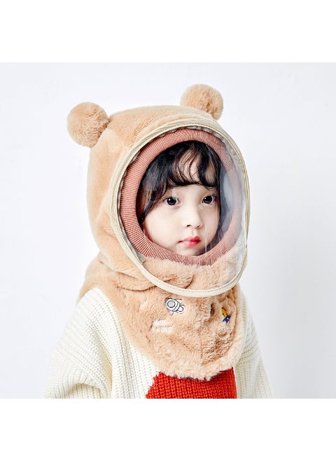 Kids Winter Warm Windproof Masked Beanie Set Khaki-Planet (Mask Removable)
