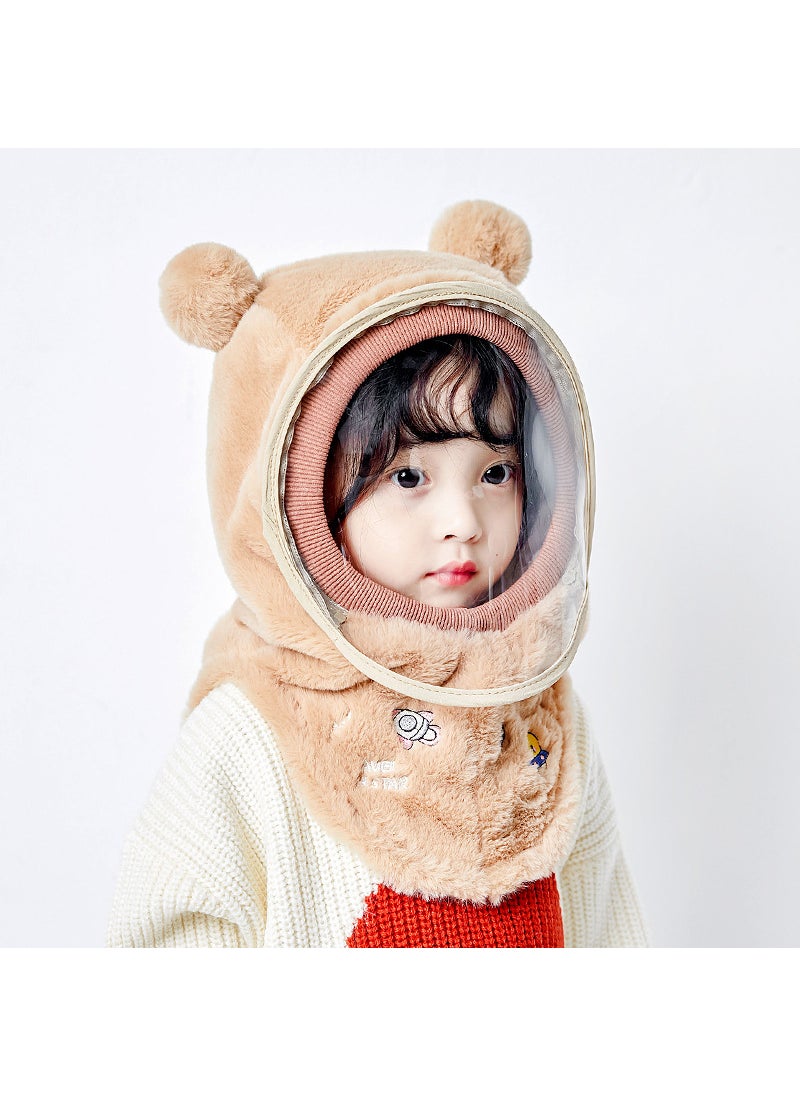 Kids Winter Warm Windproof Masked Beanie Set Khaki-Planet (Mask Removable)