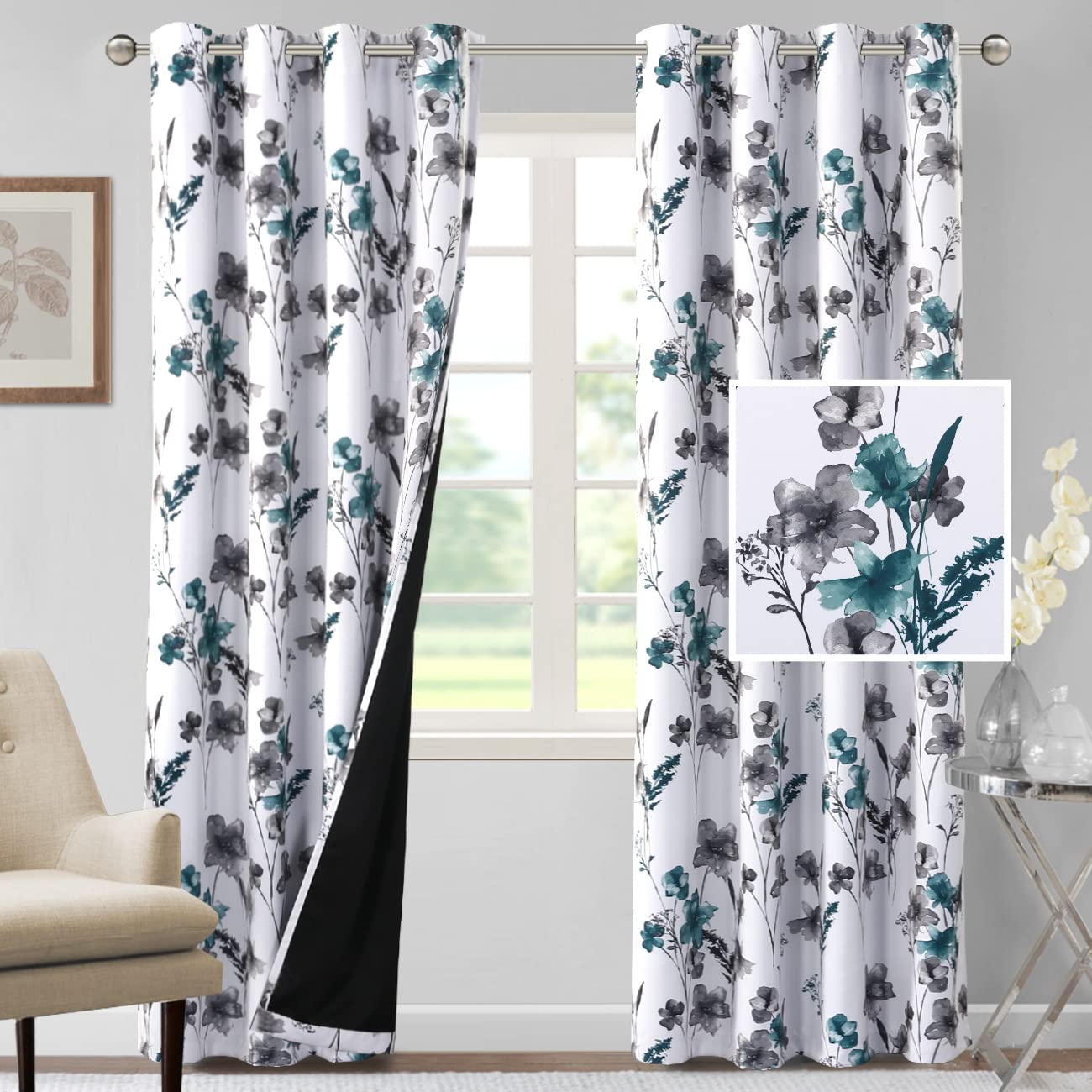 H.VERSAILTEX HVERSAILTEX 100 Blackout Curtains 84 inch Length 2 Panels Set Cattleya Floral Printed Drapes Leah Floral Thermal Curtains for Bedroom with Black Liner Sound Proof Curtains Grey and Teal